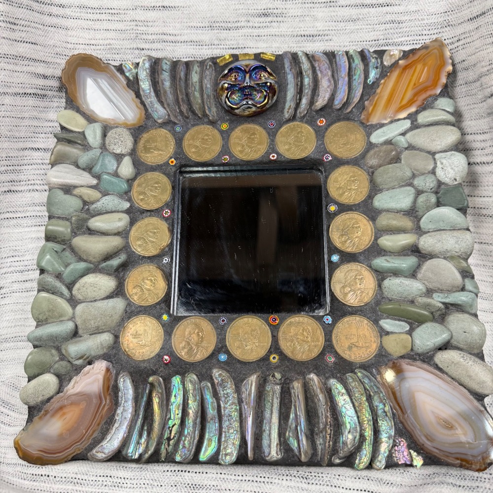 Handmade Mosaic Framed Mirror Stones Sacagawea Dollars Square Wall Decor Boho